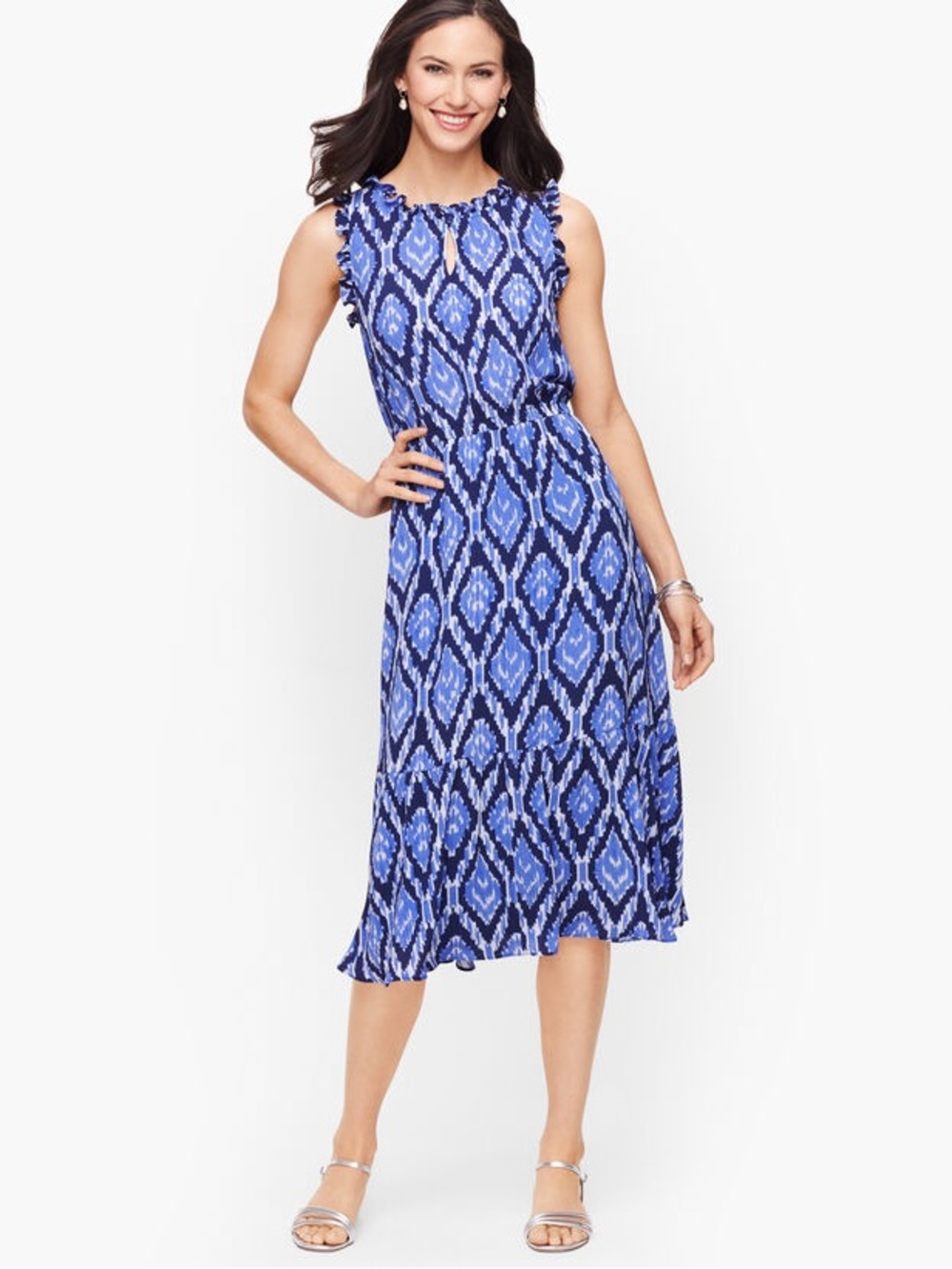 Talbots Ruffle Trim Fit & Flare Dress Blue Print 18